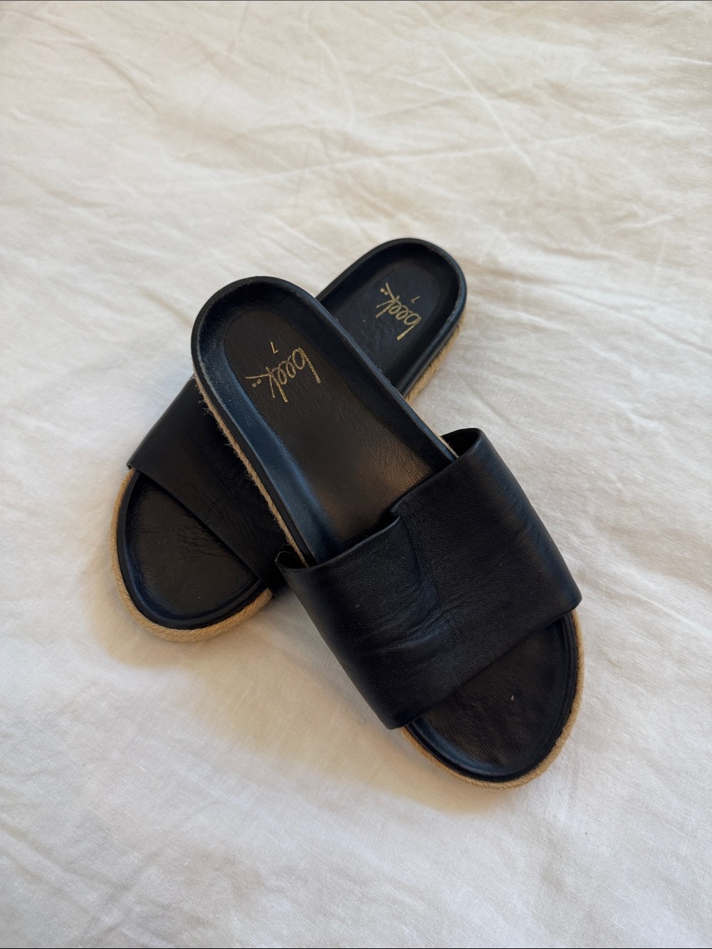 Boots Black Leather Slide Sandals with Espadrille Trim
